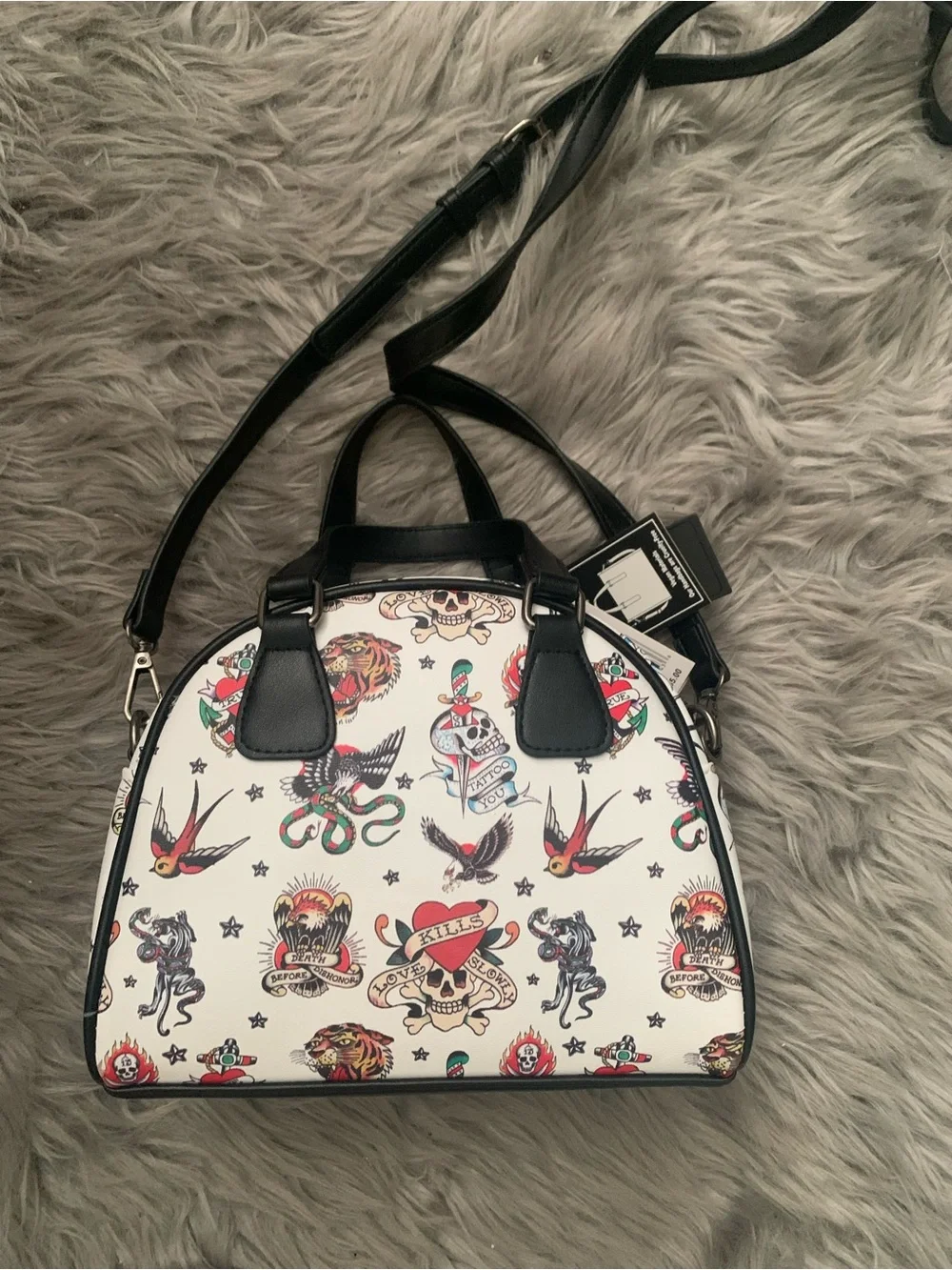 Ed Hardy White Graphic Print Mini Tote Crossbody Bag